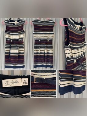 Emma & Michele Navy Striped Sheath Dress with Cream, Burgundy & Rust Bands